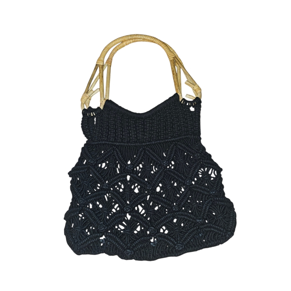 Anthropologie Amara Black Woven Macrame Rattan Handle Tote Bag Handbag Purse